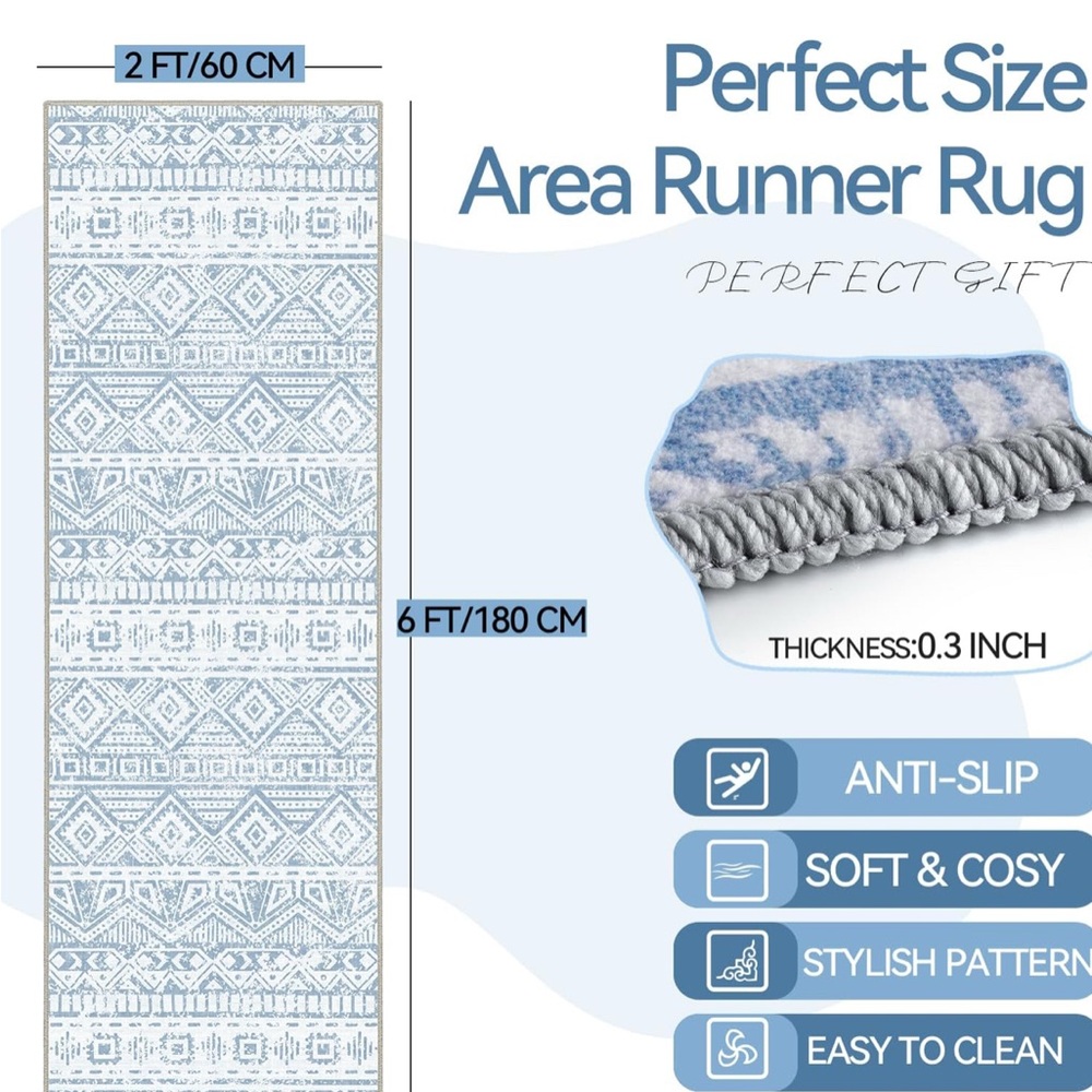 Blue and White Geometric Pattern Rug - Picture 2 of 10